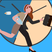 Beruf und Familie vereinbaren Frau läuft mit Aktentasche nach Hause